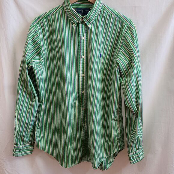 Ralph Lauren Green Long Sleeve Cotton Button Down Blue & Yellow Stripe Pony Lg - Picture 1 of 5